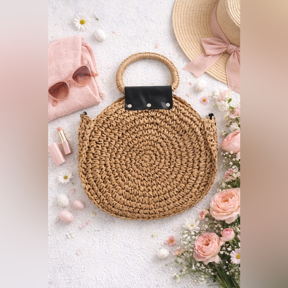 Round Woven Straw Handbag Tote, Natural Boho Circle Bag, Summer Beach Purse